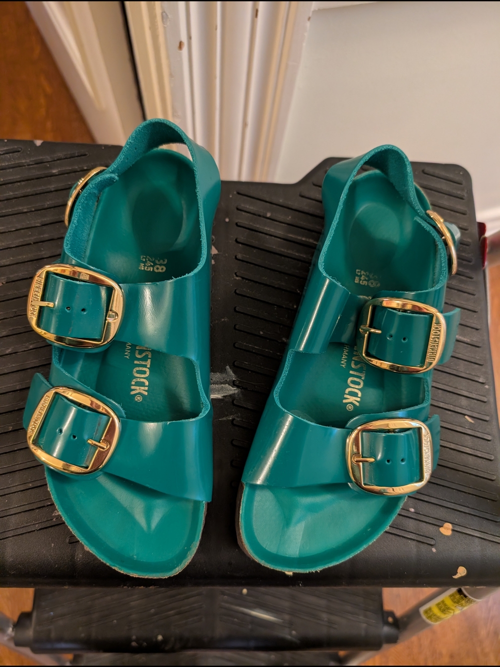 Birkenstock Milano Big Buckle Shiny Green And Gold Sandals Women's Sz 38